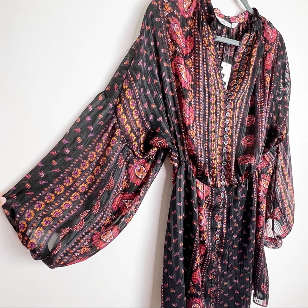 New Zara Paisley Blousy Mini Dress XS Balloon Sleeves Black - Picture 3 of 8